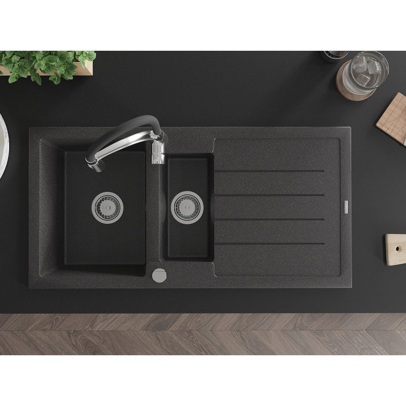 Mexen Andres zlewozmywak granitowy 1,5-komorowy z ociekaczem i baterią kuchenną Aster, czarny nakrapiany - 6515-76-73450-07
