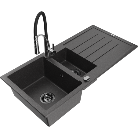Mexen Andres zlewozmywak granitowy 1,5-komorowy z ociekaczem i baterią kuchenną Aster, czarny nakrapiany - 6515-76-73450-07-B
