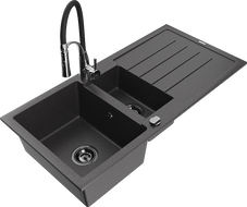 Mexen Andres zlewozmywak granitowy 1,5-komorowy z ociekaczem i baterią kuchenną Aster, czarny nakrapiany - 6515-76-73450-07-B
