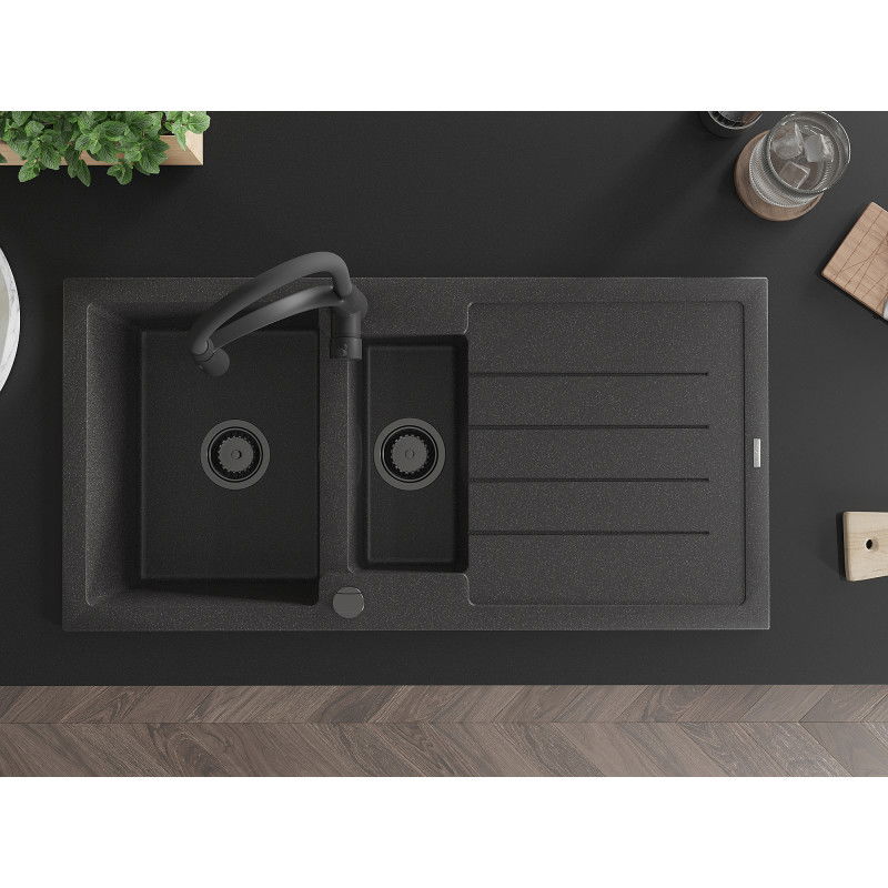 Mexen Andres zlewozmywak granitowy 1,5-komorowy z ociekaczem i baterią kuchenną Aster, czarny nakrapiany - 6515-76-73450-70-B