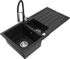 Mexen Andres zlewozmywak granitowy 1,5-komorowy z ociekaczem i baterią kuchenną Aster, czarny - 6515-77-73450-07