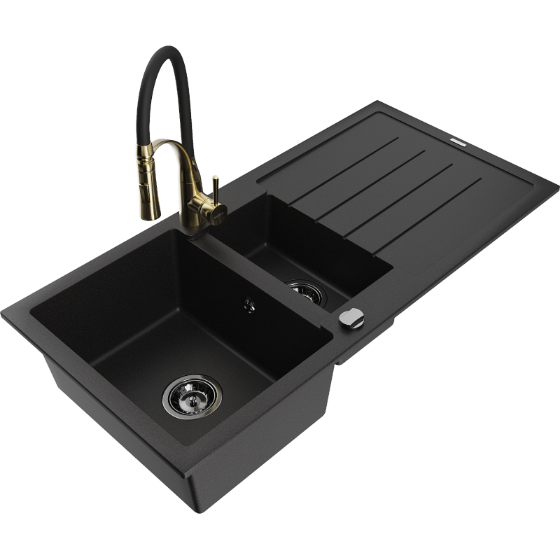 Mexen Andres zlewozmywak granitowy 1,5-komorowy z ociekaczem i baterią kuchenną Aster, czarny - 6515-77-73450-57-B