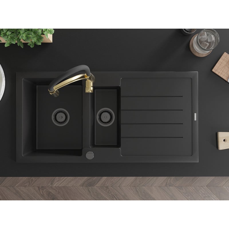 Mexen Andres zlewozmywak granitowy 1,5-komorowy z ociekaczem i baterią kuchenną Aster, czarny - 6515-77-73450-57-B