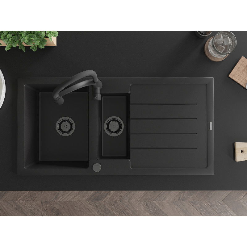 Mexen Andres zlewozmywak granitowy 1,5-komorowy z ociekaczem i baterią kuchenną Aster, czarny - 6515-77-73450-70-B