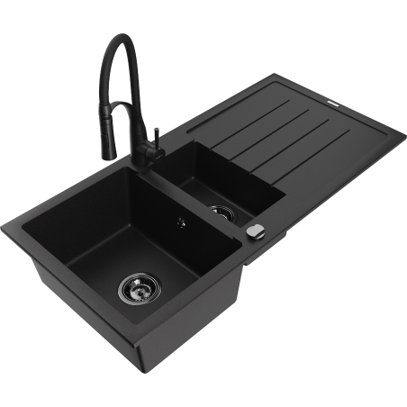 Mexen Andres zlewozmywak granitowy 1,5-komorowy z ociekaczem i baterią kuchenną Aster, czarny - 6515-77-73450-70-B