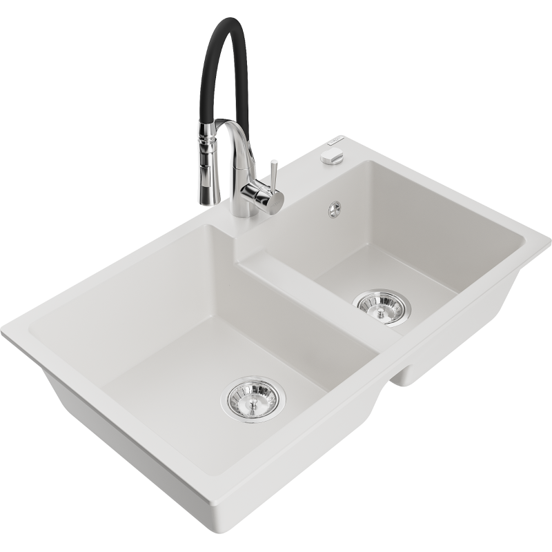 Mexen Tomas zlewozmywak granitowy 2-komorowy z baterią kuchenną Aster, biały - 6516-20-73450-07