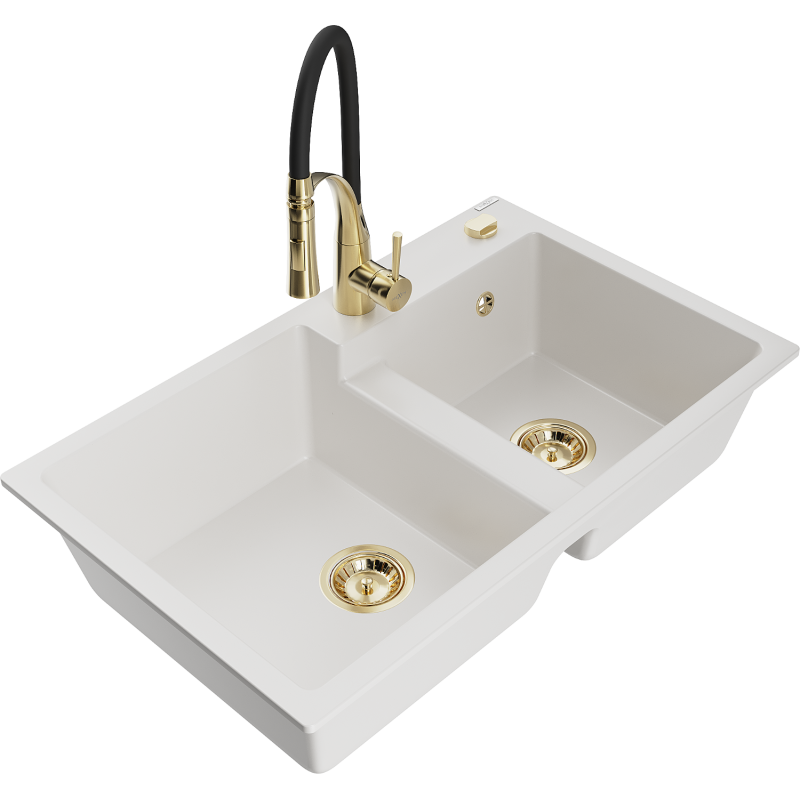 Mexen Tomas zlewozmywak granitowy 2-komorowy z baterią kuchenną Aster, biały - 6516-20-73450-57-G