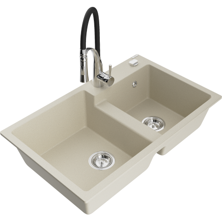 Mexen Tomas zlewozmywak granitowy 2-komorowy z baterią kuchenną Aster, beżowy - 6516-69-73450-07