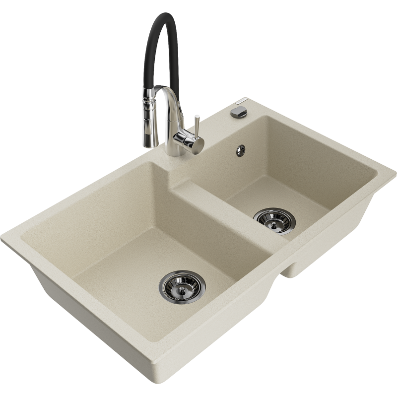 Mexen Tomas zlewozmywak granitowy 2-komorowy z baterią kuchenną Aster, beżowy - 6516-69-73450-07-B
