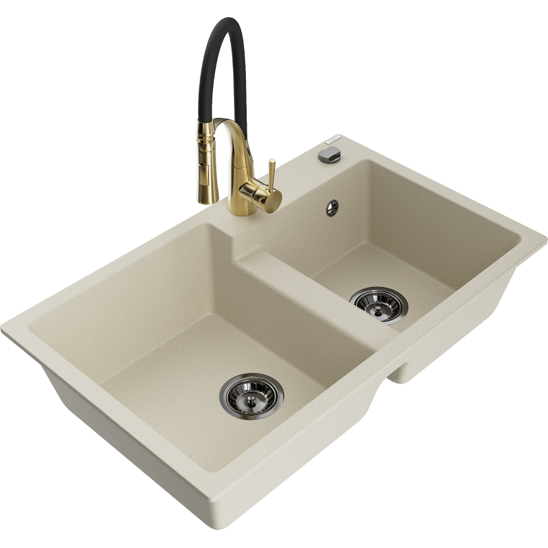 Mexen Tomas zlewozmywak granitowy 2-komorowy z baterią kuchenną Aster, beżowy - 6516-69-73450-57-B