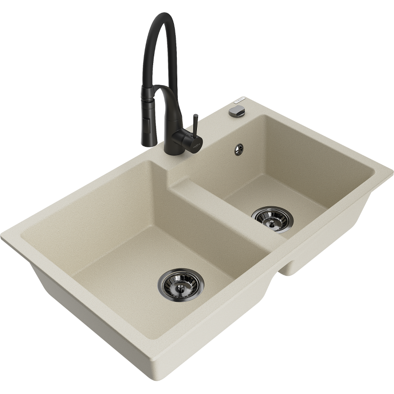 Mexen Tomas zlewozmywak granitowy 2-komorowy z baterią kuchenną Aster, beżowy - 6516-69-73450-70-B
