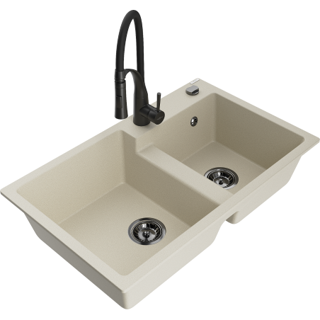 Mexen Tomas zlewozmywak granitowy 2-komorowy z baterią kuchenną Aster, beżowy - 6516-69-73450-70-B
