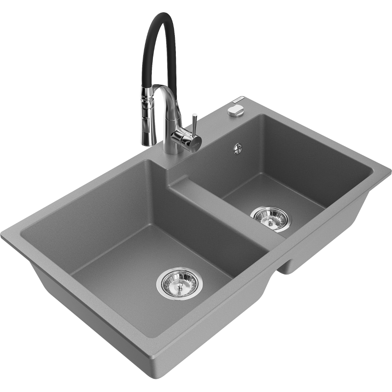 Mexen Tomas zlewozmywak granitowy 2-komorowy z baterią kuchenną Aster, szary - 6516-71-73450-07