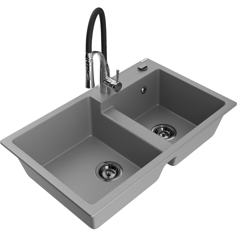 Mexen Tomas zlewozmywak granitowy 2-komorowy z baterią kuchenną Aster, szary - 6516-71-73450-07-B