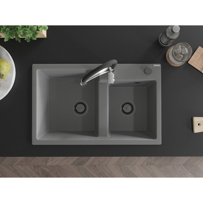Mexen Tomas zlewozmywak granitowy 2-komorowy z baterią kuchenną Aster, szary - 6516-71-73450-07-B