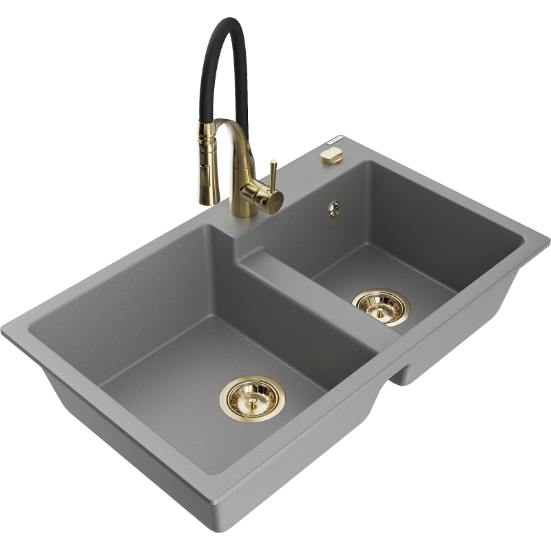 Mexen Tomas zlewozmywak granitowy 2-komorowy z baterią kuchenną Aster, szary - 6516-71-73450-57-G