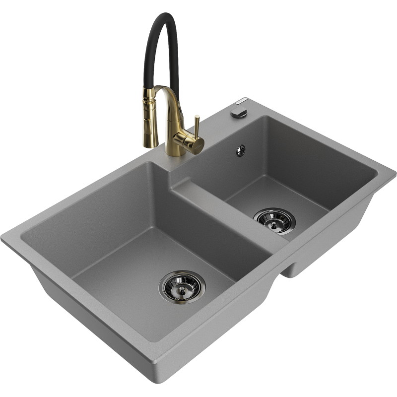 Mexen Tomas zlewozmywak granitowy 2-komorowy z baterią kuchenną Aster, szary - 6516-71-73450-57-B