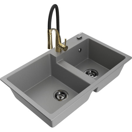 Mexen Tomas zlewozmywak granitowy 2-komorowy z baterią kuchenną Aster, szary - 6516-71-73450-57-B