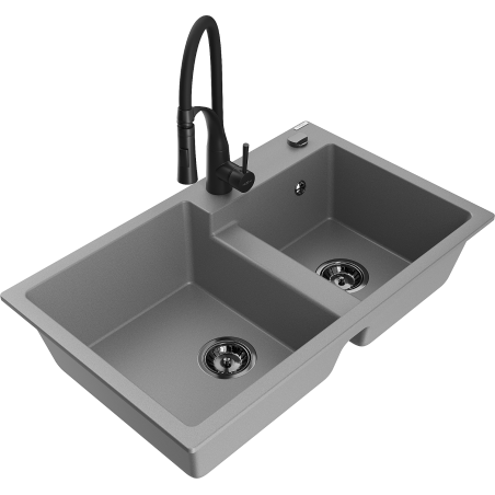 Mexen Tomas zlewozmywak granitowy 2-komorowy z baterią kuchenną Aster, szary - 6516-71-73450-70-B