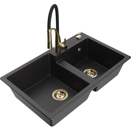 Mexen Tomas zlewozmywak granitowy 2-komorowy z baterią kuchenną Aster, czarny/srebrny metalik - 6516-73-73450-57-G
