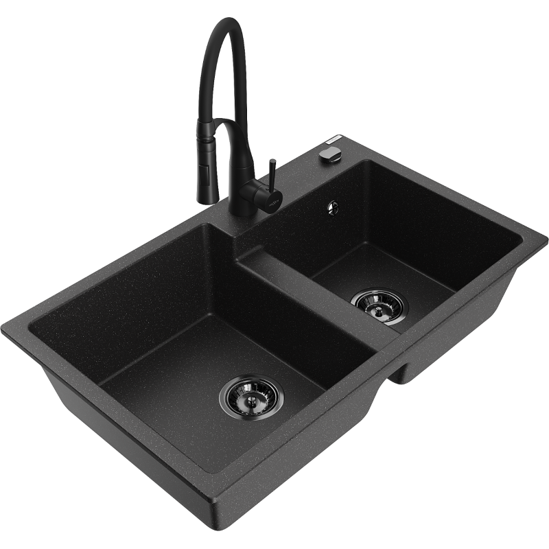 Mexen Tomas zlewozmywak granitowy 2-komorowy z baterią kuchenną Aster, czarny/srebrny metalik - 6516-73-73450-70-B
