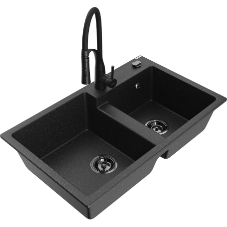 Mexen Tomas zlewozmywak granitowy 2-komorowy z baterią kuchenną Aster, czarny/srebrny metalik - 6516-73-73450-70-B