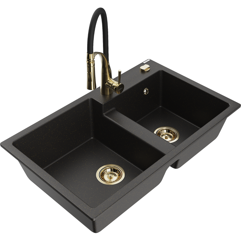 Mexen Tomas zlewozmywak granitowy 2-komorowy z baterią kuchenną Aster, czarny/złoty metalik - 6516-75-73450-57-G