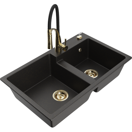 Mexen Tomas zlewozmywak granitowy 2-komorowy z baterią kuchenną Aster, czarny/złoty metalik - 6516-75-73450-57-G
