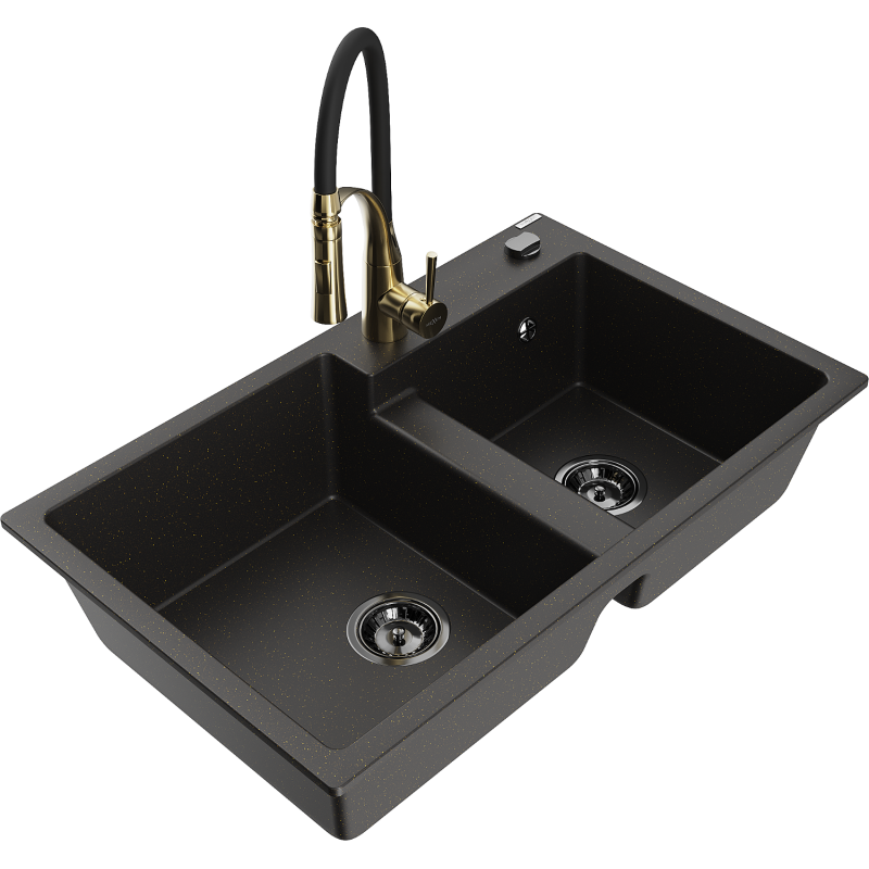 Mexen Tomas zlewozmywak granitowy 2-komorowy z baterią kuchenną Aster, czarny/złoty metalik - 6516-75-73450-57-B