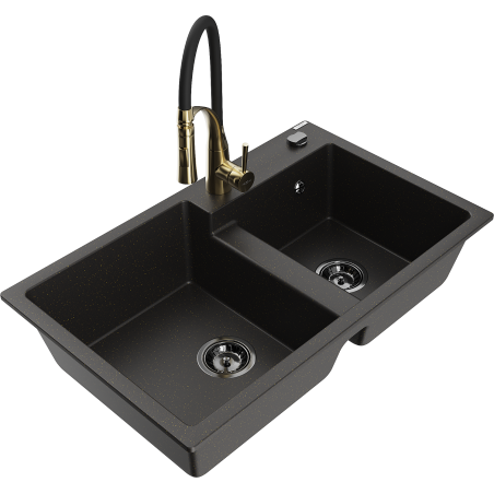 Mexen Tomas zlewozmywak granitowy 2-komorowy z baterią kuchenną Aster, czarny/złoty metalik - 6516-75-73450-57-B