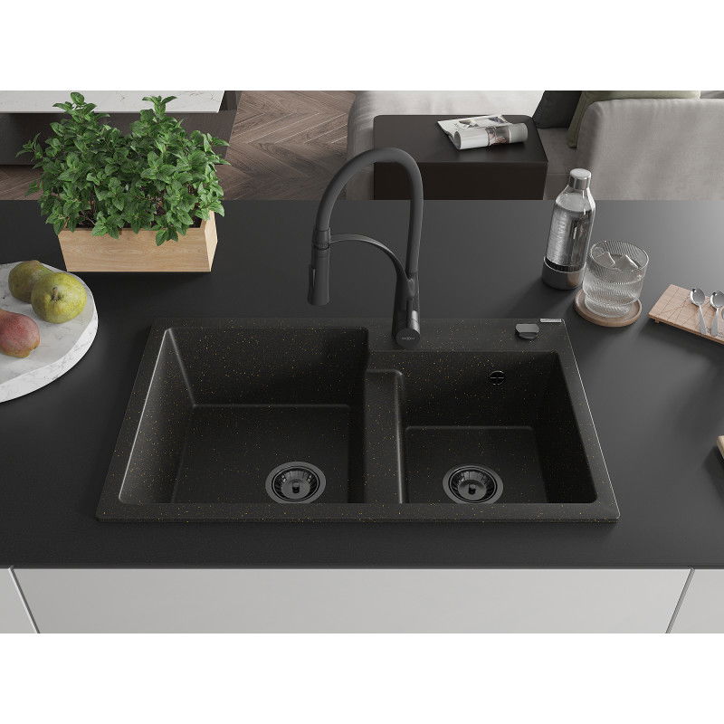 Mexen Tomas zlewozmywak granitowy 2-komorowy z baterią kuchenną Aster, czarny/złoty metalik - 6516-75-73450-70-B