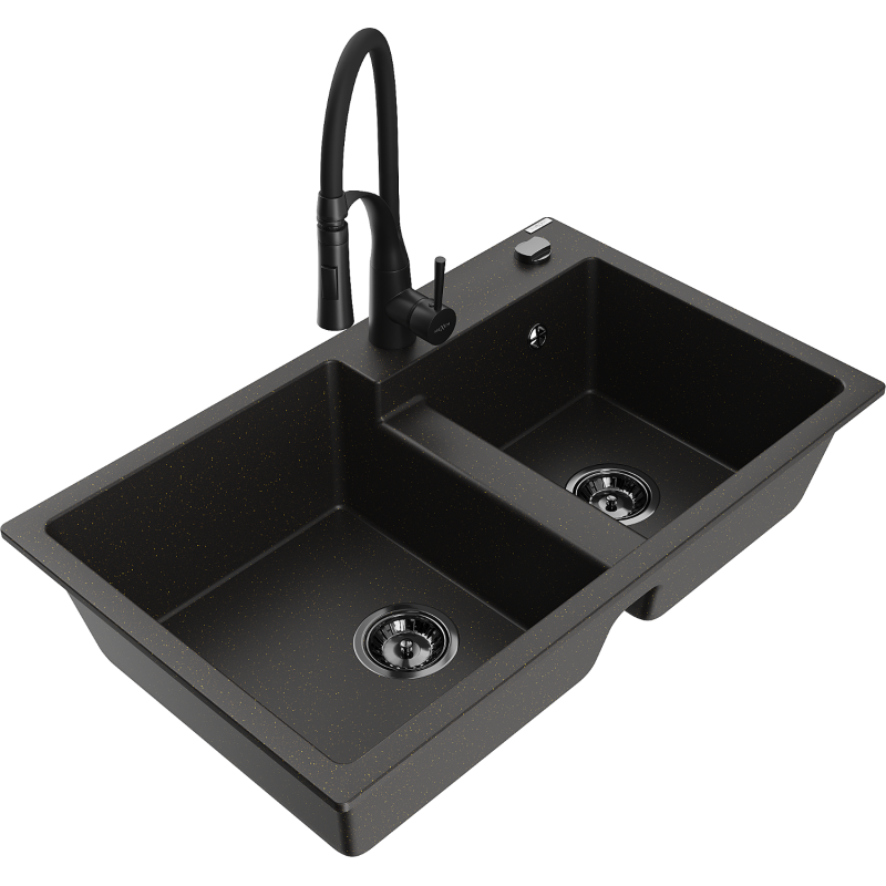 Mexen Tomas zlewozmywak granitowy 2-komorowy z baterią kuchenną Aster, czarny/złoty metalik - 6516-75-73450-70-B