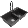 Mexen Tomas zlewozmywak granitowy 2-komorowy z baterią kuchenną Aster, czarny nakrapiany - 6516-76-73450-07