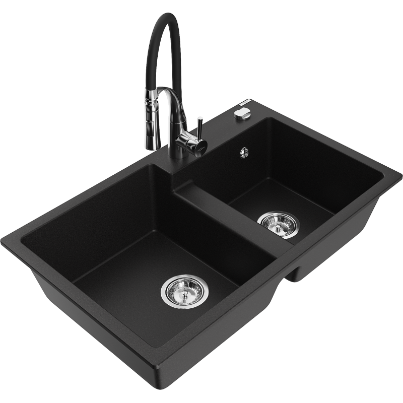 Mexen Tomas zlewozmywak granitowy 2-komorowy z baterią kuchenną Aster, czarny - 6516-77-73450-07