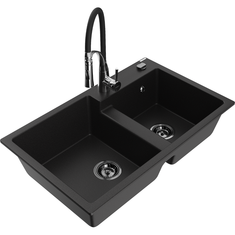 Mexen Tomas zlewozmywak granitowy 2-komorowy z baterią kuchenną Aster, czarny - 6516-77-73450-07-B