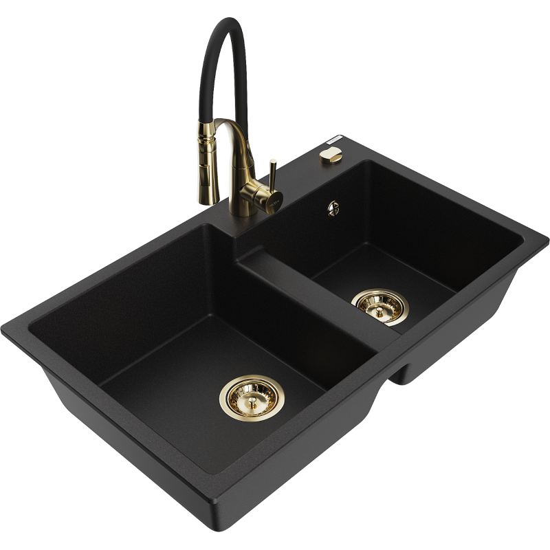 Mexen Tomas zlewozmywak granitowy 2-komorowy z baterią kuchenną Aster, czarny - 6516-77-73450-57-G