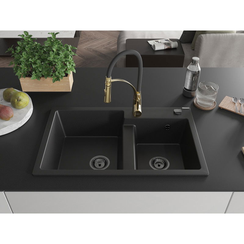 Mexen Tomas zlewozmywak granitowy 2-komorowy z baterią kuchenną Aster, czarny - 6516-77-73450-57-B