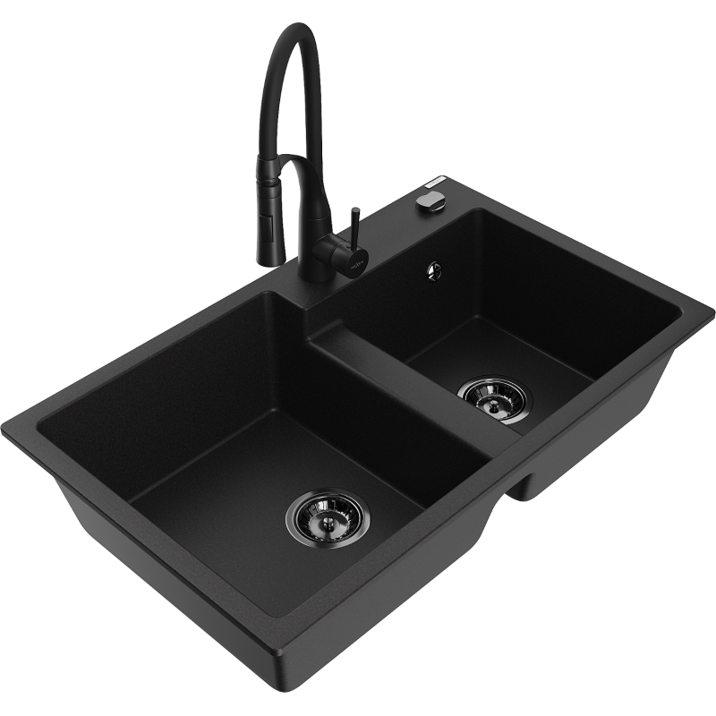 Mexen Tomas zlewozmywak granitowy 2-komorowy z baterią kuchenną Aster, czarny - 6516-77-73450-70-B