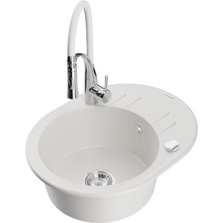 Mexen Kevin zlewozmywak granitowy 1-komorowy z ociekaczem i baterią kuchenną Aster, biały - 6517-20-73450-02