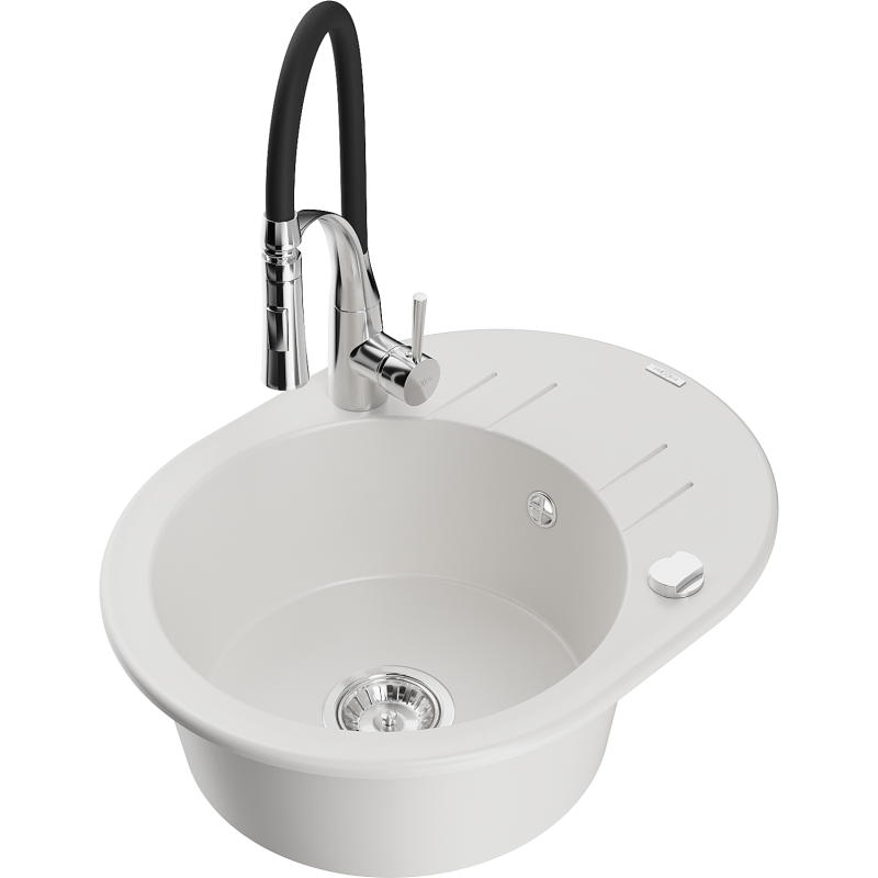 Mexen Kevin zlewozmywak granitowy 1-komorowy z ociekaczem i baterią kuchenną Aster, biały - 6517-20-73450-07