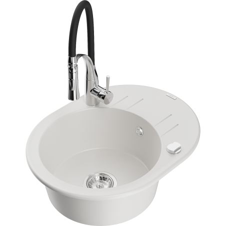 Mexen Kevin zlewozmywak granitowy 1-komorowy z ociekaczem i baterią kuchenną Aster, biały - 6517-20-73450-07