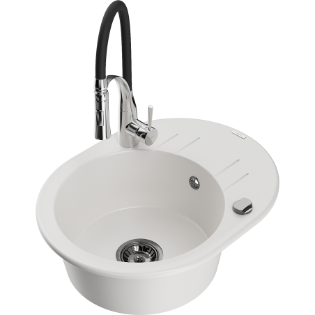 Mexen Kevin zlewozmywak granitowy 1-komorowy z ociekaczem i baterią kuchenną Aster, biały - 6517-20-73450-07-B