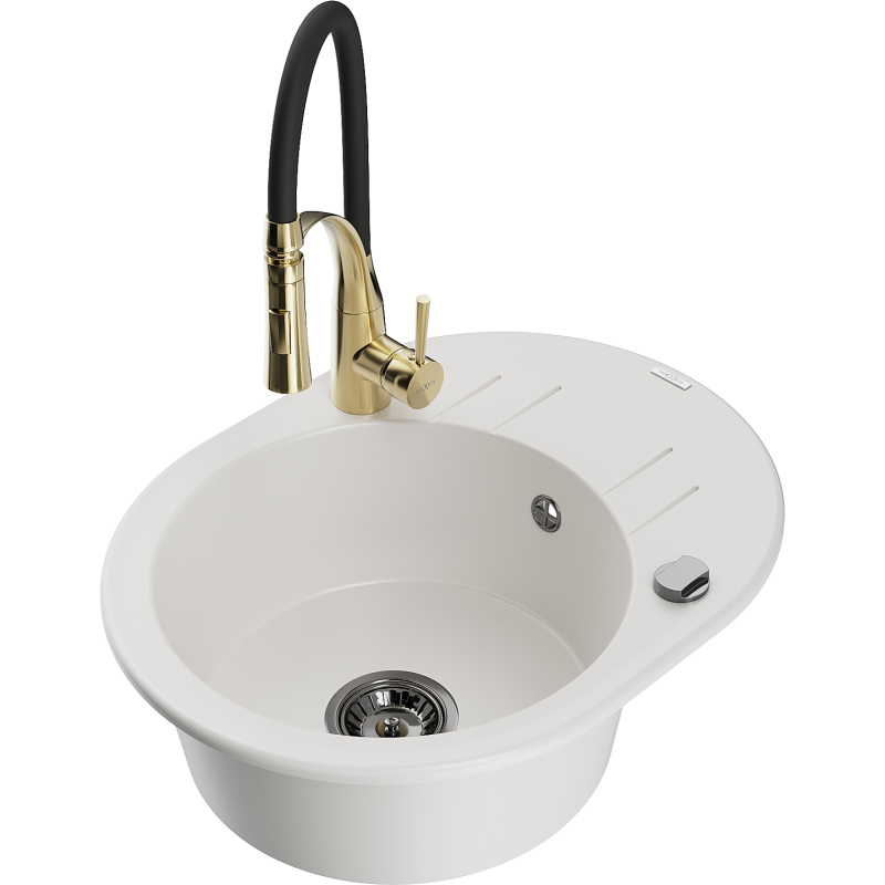 Mexen Kevin zlewozmywak granitowy 1-komorowy z ociekaczem i baterią kuchenną Aster, biały - 6517-20-73450-57-B