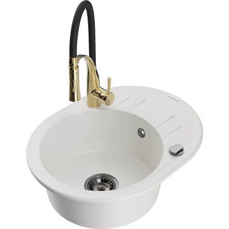 Mexen Kevin zlewozmywak granitowy 1-komorowy z ociekaczem i baterią kuchenną Aster, biały - 6517-20-73450-57-B