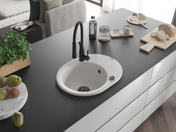 Mexen Kevin zlewozmywak granitowy 1-komorowy z ociekaczem i baterią kuchenną Aster, biały - 6517-20-73450-70-B