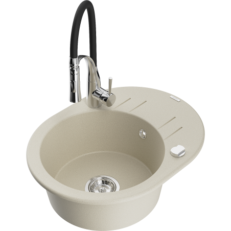 Mexen Kevin zlewozmywak granitowy 1-komorowy z ociekaczem i baterią kuchenną Aster, beżowy - 6517-69-73450-07