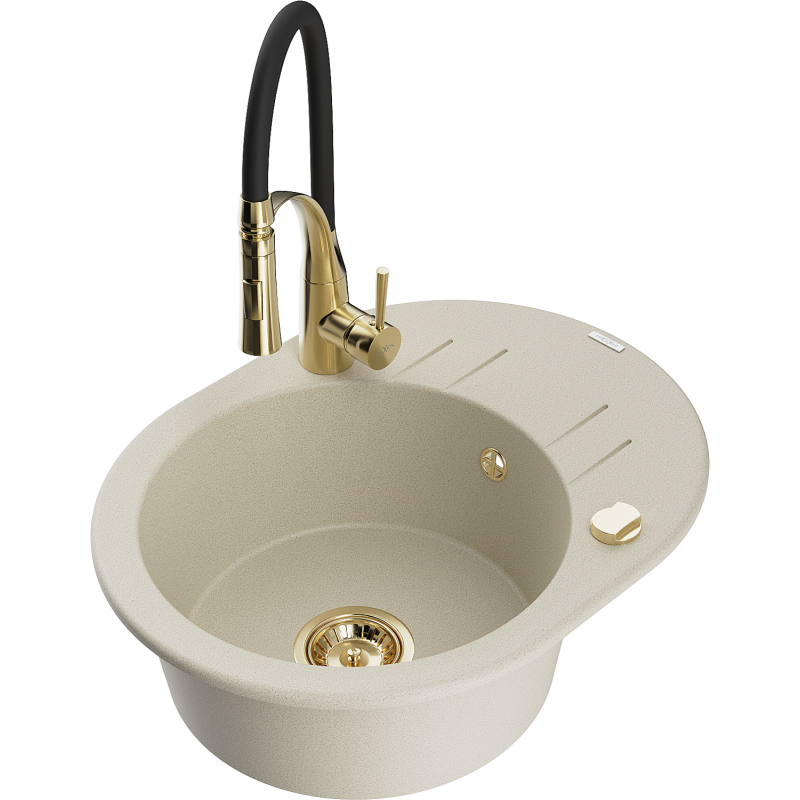 Mexen Kevin zlewozmywak granitowy 1-komorowy z ociekaczem i baterią kuchenną Aster, beżowy - 6517-69-73450-57-G