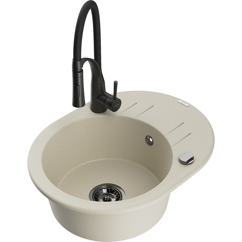 Mexen Kevin zlewozmywak granitowy 1-komorowy z ociekaczem i baterią kuchenną Aster, beżowy - 6517-69-73450-70-B