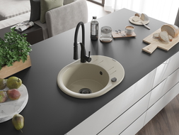 Mexen Kevin zlewozmywak granitowy 1-komorowy z ociekaczem i baterią kuchenną Aster, beżowy - 6517-69-73450-70-B