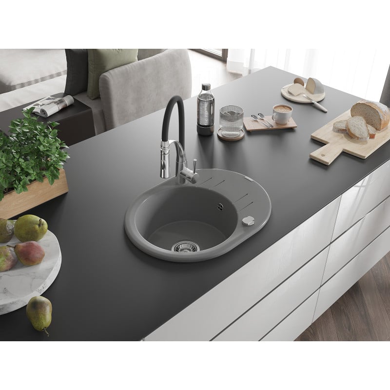 Mexen Kevin zlewozmywak granitowy 1-komorowy z ociekaczem i baterią kuchenną Aster, szary - 6517-71-73450-07